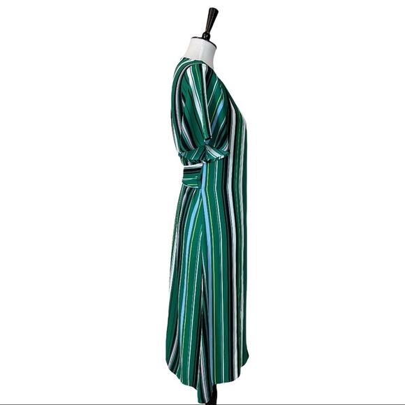 Halogen Women's Wrap Tie Waist Midi Dress Green Black Multi Stripes Size SP - Picture 3 of 14